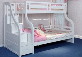 Luxury Carved Solid Wood White Triple Bunk Bed With Staircase - Double