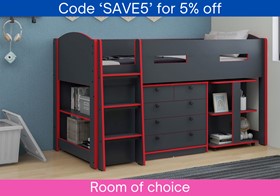 Mayfair Anthracite Grey And Red Midsleeper Bed - Storage And Desk