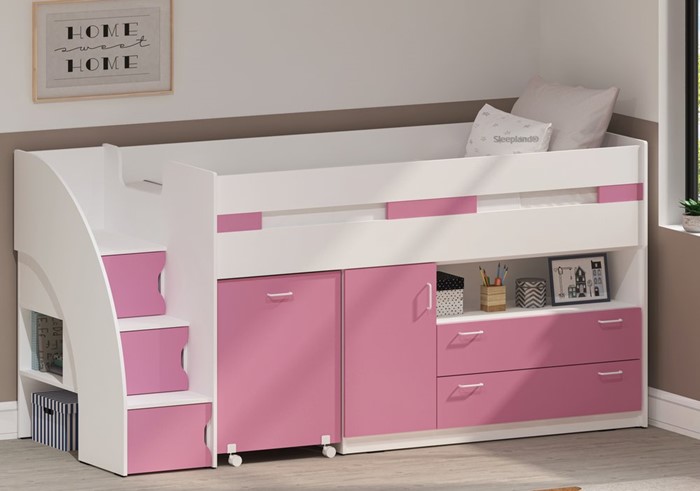Supreme Pink Mid Sleeper Bed With Stairs - Sleepland Beds