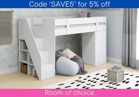 Royal White Midsleeper Bed With Stairs - Shelves - Wardrobe