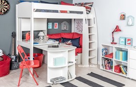 Stompa Uno S25 Highsleeper - Fixed And Pullout Desk - Hutch - Red Sofa
