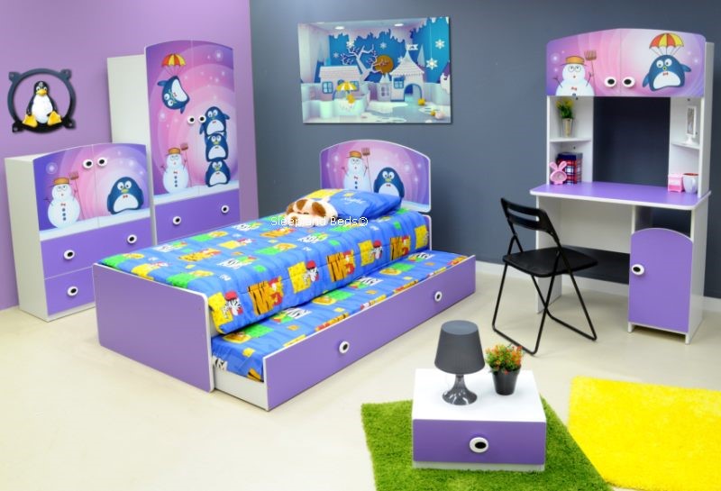 Lilac Penguin Bed With Trundle And Kids 