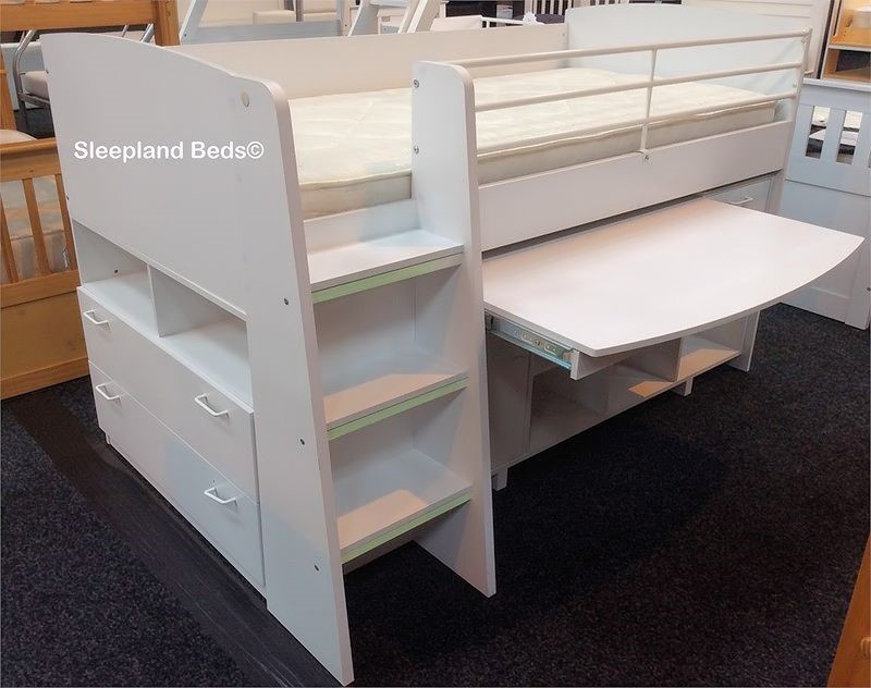 white cabin bed with mattress
