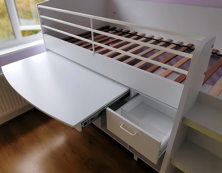 white cabin bed with mattress
