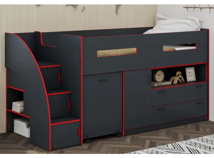 Anthracite and Red Cameo Supreme Staicase Midsleeper Bed Exclusive to Sleepland Beds
