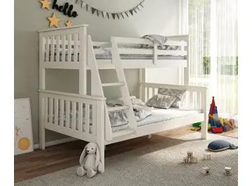 Carra solid white triple bunk beds have a traditional design. Solid and durable 3 sleeper bunk