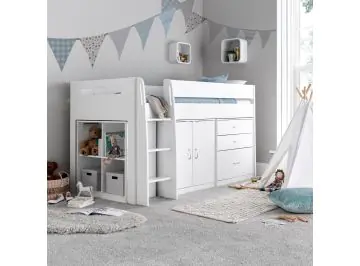 Lacy white mid sleeper cabin bed - built in storage allowing a ideal space saving solution. Compact chest, bookcase and 2 door cabinet - reversible ladder